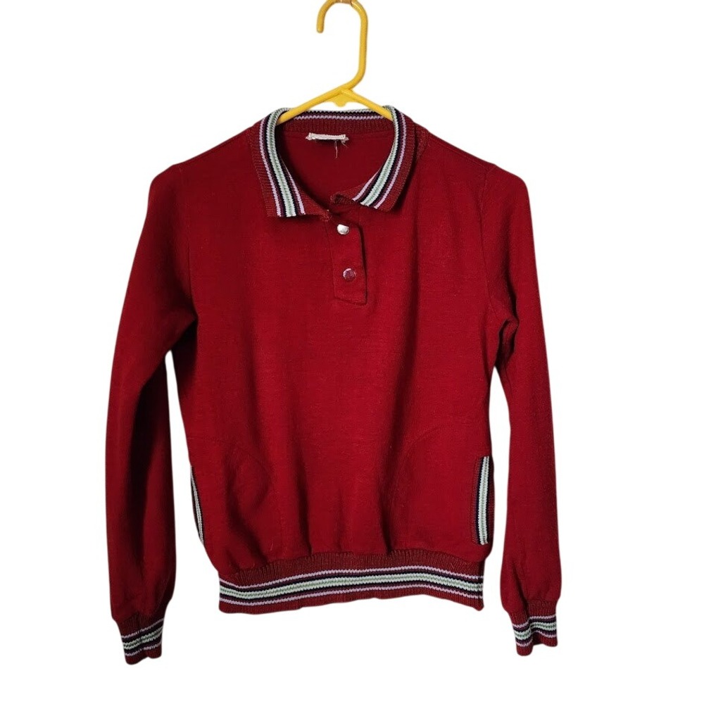 VINTAGE Mister Noah Red Knit Polo Sweater Striped Trim Pockets Retro